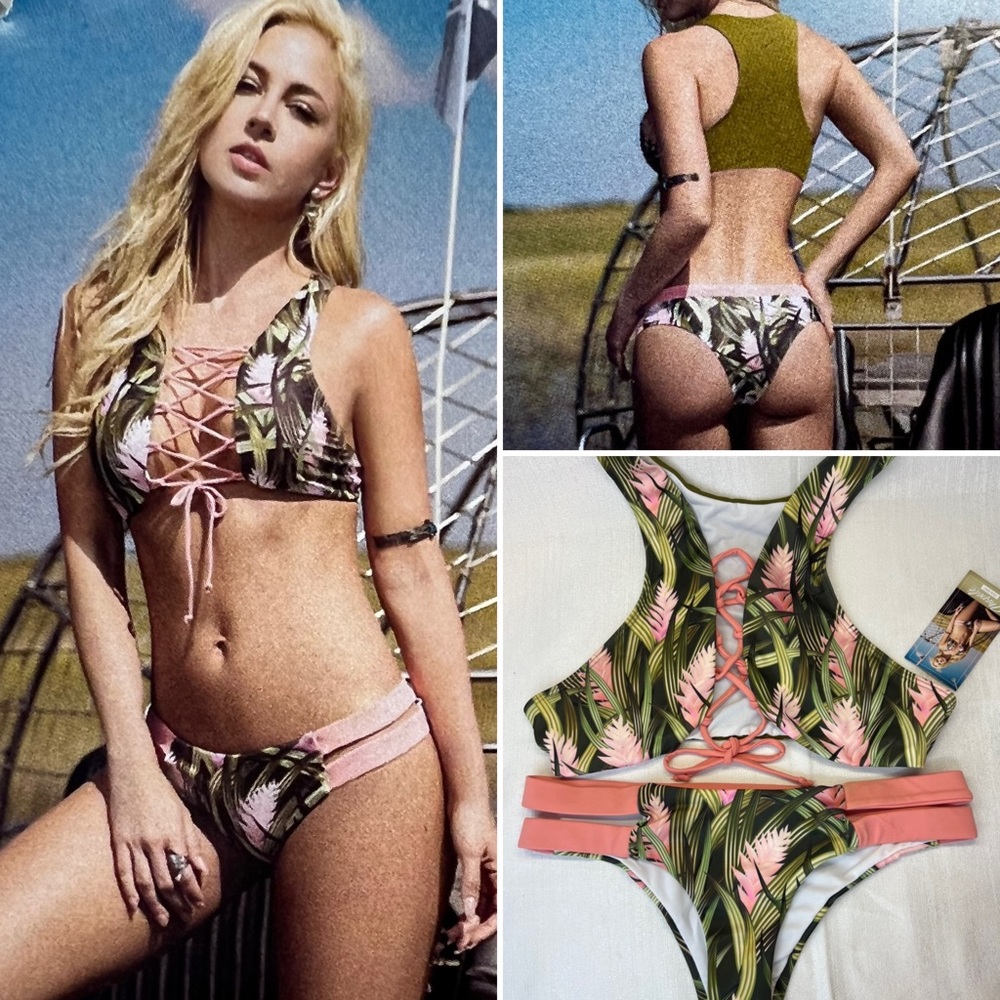 NWT Mapale Swim Women’s Large Green Palm Print Lace Up 2 Piece Bikini Swimsuit